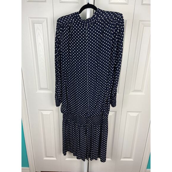 Greg Adams Woman Cowl Neck Long Sleeve Drop Waist 80s Blue Polka Dot Dress 18/XL - Picture 5 of 6